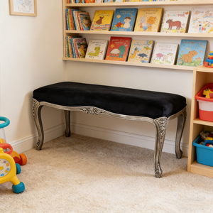 <span class=keywords><strong>Banc</strong></span> en velours bleu marine français avec assise rembourrée et pieds en bois sculpté, finition gris vieilli, meuble pour <span class=keywords><strong>chambre</strong></span> à coucher - Product Image 4