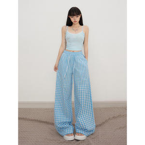 Retro Women's Pants High Waist Loose Blue Plaid <b>Summer</b> Wide Leg Versatile Elastic Waist Drawstring Casual <b>Trousers</b> Thin - Product Image 1