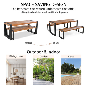 3-Piece Modern Outdoor Dining <b>Set</b> Acacia Wood <b>Table</b> with 2 <b>Benches</b> Steel Frame for Home & Hotel Use - Product Image 6