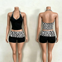 Kledingset met eigen logo voor dames, Y2K stijl, 2-delig, luipaardprint, haltertop en opvouwbare taille shorts, skinny loungewear set
