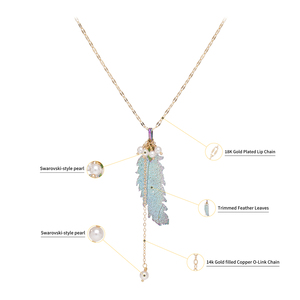 <span class=keywords><strong>Collier</strong></span> Y en or plaqué 18 carats avec pampilles en perles d'imitation, feuilles de plumes naturelles coupées et effet aurore boréale, cadeau tendance pour femme - Product Image 5