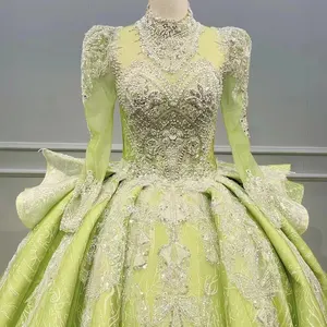 Robe de cocktail de soirée rétro jaune vert à manches longues avec perles et paillettes brodées Wn038