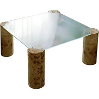 Table basse en verre transparent avec pieds en bois de burl naturel, table basse contemporaine