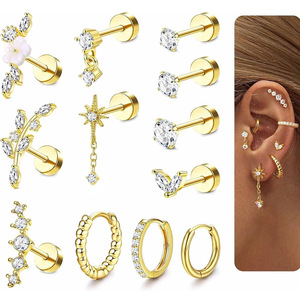 Pendientes de cartílago para mujer, de acero inoxidable hipoalergénico, chapados en oro, con circonita, de base plana, pequeños, tipo botón y aro, modernos - Product Image 5