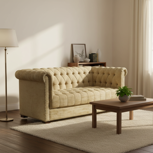 <span class=keywords><strong>Canapé</strong></span> triple vintage en velours doré avec garniture cloutée, accoudoirs roulés et rembourrage profond à boutons, pour hall d'hôtel - Product Image 3