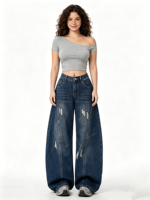 Vaqueros Vintage Horseshoe para Mujer, de Cintura Alta, Pierna Curva, Vaqueros Rotos, con Corte 3D, Pantalones Distressed Estilo Barril, Streetwear 2026