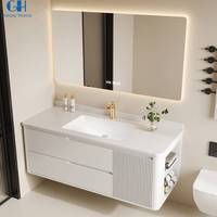 Meuble de salle de bain mural étanche au design unique, en bois massif, avec 2 portes miroir