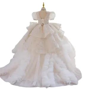 Hepburn style High end fluffy princess children's princess dress white girl wedding gown for 10 years old big girl evening dres