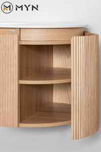 ソリッドウッドカスタマイズ色サイズ素材モダンデザイン3つの引き出し溝付きバスルームキャビネットセラミックオーバルカウンター洗面台付き - Product Image 4