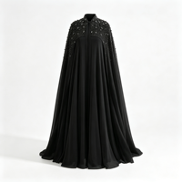 Robe longue musulmane noire pour femme, style abaya, col montant, ornée de perles et de strass aux épaules, en mousseline fluide, pour soirée, en polyester