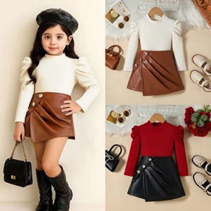 Vêtements pour enfants, automne, nouvelle collection, haut à manches longues uni pour filles, <span class=keywords><strong>jupe</strong></span> courte en <span class=keywords><strong>cuir</strong></span> PU tendance, ensemble deux pièces décontracté - Product Image 1