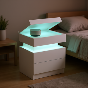Modern White LED Nightstand 2 Drawers Flipping Top <b>Storage</b> Bedroom Furniture Model D0100HPEUZU - Product Image 2