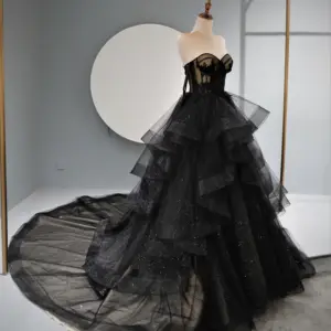 Modern Black Lace Wedding Dress With Tiered Skirt Ruffles Design Prom Evening Gown With Plus Size Features For Bride Or Party