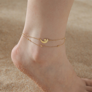 Tobillera de Acero Inoxidable Chapada en Oro PVD con Luna Creciente y Estrella |   Joyas de Moda para Pies de Doble Capa para Mujer - Product Image 1