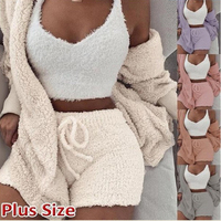 Ensemble de pyjamas d'hiver sexy en polaire thermique pour femmes, 3 pièces, avec bretelles et épaules dénudées, vêtements de détente – Meilleures tenues de dropshipping