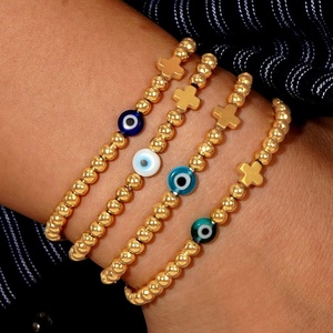 Bracelets perlés étanches plaqués or 18 carats en acier inoxydable, avec croix en pierre de gallstone noire et yeux bleus, faits main, empilables, tendance, unisexe, mode - Product Image 2