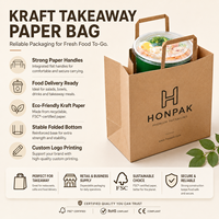 Sac de livraison alimentaire en papier kraft personnalisé, sac à emporter de qualité alimentaire avec poignée plate, emballage écologique recyclable pour saladier HONPAK