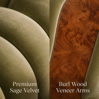 Canapé modulaire incurvé de luxe en velours vert olive sur mesure avec incrustation en bois de ronce, support de dessin CAO et service VIP