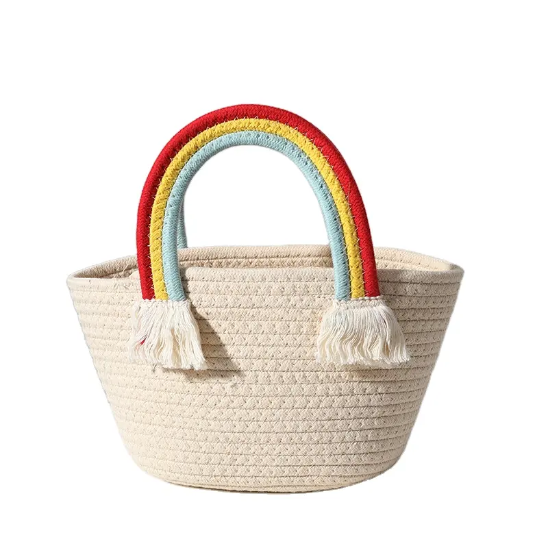 Bohemian Handmade Weaving Cute Rainbow Cloud Woven Seaside Holiday Sand Straw Beach Bags Tote Women Summer Handbag