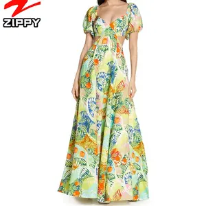 Best Quality New Fashion A Line Dress Women Printed Dress Cutout Puff Sleeve Floral Print Linen Maxi Dress