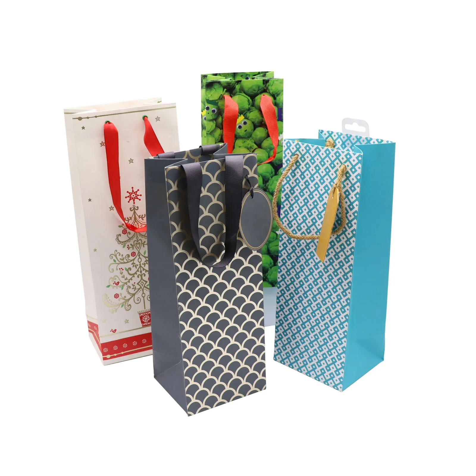 Luxury christmas bottle wine bags boutique paper gift bags with handles custom kraft paper bags