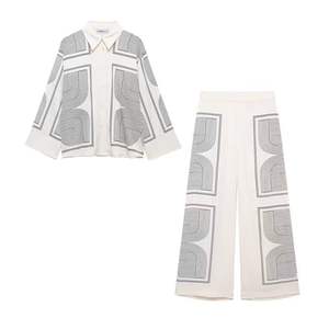 Summer New Women's Fashion Print Lapel Button-<b>Down</b> Closure Temperament Casual Long-Sleeved Shirt <b>Pants</b> - Product Image 3