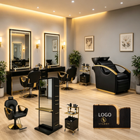 Ensemble de mobilier de salon pliable noir et or avec logo personnalisé, miroir de rangement, chaise de coiffeuse, chaises de barbier en cuir PU robustes
