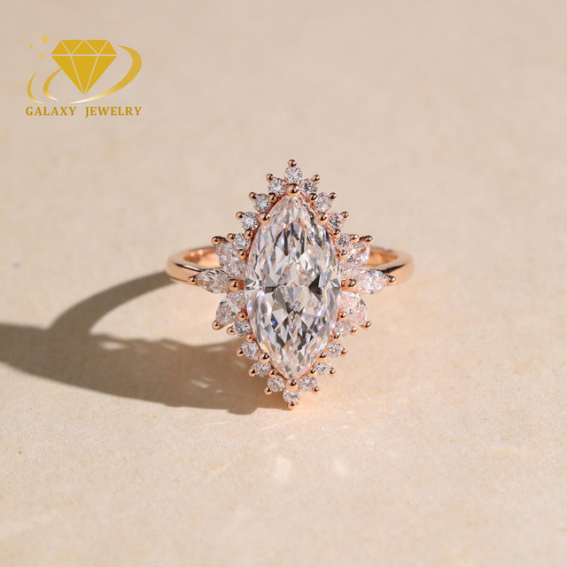 Vintage Inspired 3ct Marquise Lab Diamond Ring Silver 9k 10k 14k 18k Rose Gold Sunburst Halo Boho Bridal Engagement Ring for Her