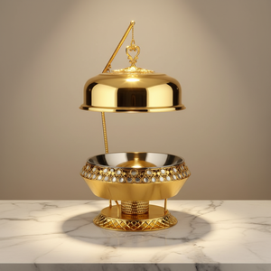 Prêt à expédier – Plat de service rond doré de luxe avec couvercle suspendu pour buffet, chauffe-plats pour mariages et traiteurs (vente en gros) - Product Image 1