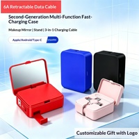 Boîtier de câble rétractable 6A avec logo personnalisé, boîte de charge multifonction avec support miroir, cordon USB 3 en 1, approvisionnement en gros