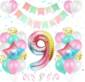 สายรุ้ง Happy วันเกิดแบนเนอร์และ Giant จำนวน9บอลลูนฟอยล์ชุดสำหรับทารกสาว2nd 3rd 9th Birthday Party อุปกรณ์ตกแต่ง