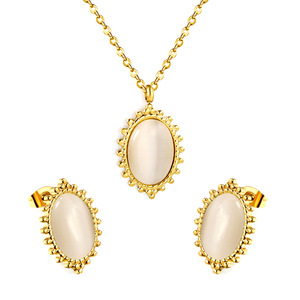 Oval Cat's Eye Stone Jewelry <b>Set</b> Women's Gold Plated <b>Beaded</b> Trim Necklace Earrings Everyday Wear Fine Jewelry - Product Image 1