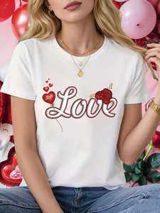 Offerta Speciale per San Valentino: T-Shirt da Donna Taglie Forti con Stampa 3D di Cuori, Collo Tondo, Manica Corta, Casual Primaverile in Cotone - Product Image 3