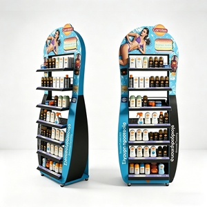 Exhibidor de Piso Metálico con Rejilla Acrílica y Ruedas para Productos de Protección Solar y Cuidado de la Piel, Organizador de Cosméticos de Alta Gama Visible - Product Image 1