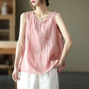 Retro Embroidered Cotton <b>Linen</b> Camisole Sleeveless <b>Top</b> Women <b>Plus</b> <b>Size</b> Loose Casual Summer Wear Pink White Black Beige Yellow - Product Image 1