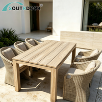 Ensemble de table à manger d'extérieur moderne, léger et durable en rotin, teck et aluminium pour jardin, villa, hôtel, hôpital, chambre à coucher