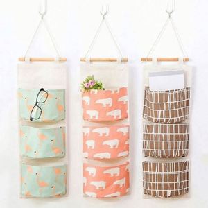 Sac de rangement suspendu mural pour armoire, pochette en tissu de coton avec 3 poches - Product Image 1