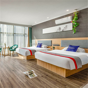 Budget Hotel Supplier Custom 3 Star Hotel Twin Bedroom Furniture Set 2 <b>Single</b> Wood <b>Base</b> <b>Beds</b> Frame with Headboard & Nightstand - Product Image 1