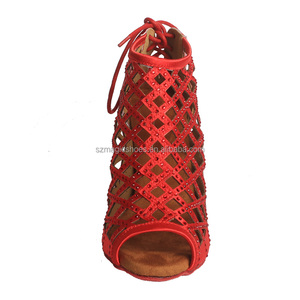 Talons pour femmes coupe creuse talon personnalisé chaussures de danse en satin rouge bottes bottes de danse <span class=keywords><strong>salsa</strong></span> avec perles rouges 9CM - Product Image 2
