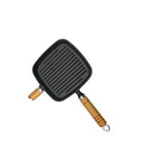 Wajan Panggang BBQ Ramah Lingkungan Bentuk Persegi 20cm Alas Datar dari Besi Cor untuk Steak Daging Sapi dengan Gagang Kayu