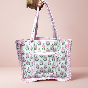 Sac fourre-tout pliable en coton matelassé indien fait main, style bohème, avec fermeture éclair, écologique, couleur unie, design spacieux - Product Image 1