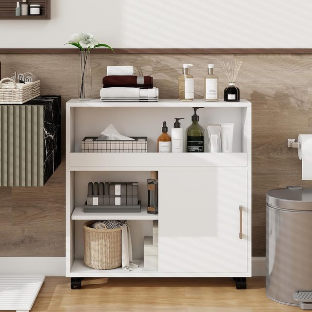 White Slim Narrow Bathroom Cabinet, Storage Organizer with Sliding Door & Adjustable Shelf,Ideal for Small Spaces,Room & Kitchen