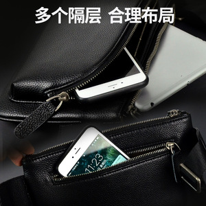 Sac de poitrine en cuir de vachette pleine fleur pour homme, grande capacité, noir uni, sac de loisirs et de voyage, sac à bandoulière et sac banane - Product Image 5