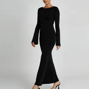 Vestido de noite elegante de luxo para mulheres, de alta qualidade, feminino, casual, manga comprida, bodycon preto, maxi,