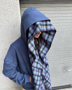 Custom Y2K turbante doppio cappuccio Plaid sciarpe di flanella Boxy Fit Zip up in bianco corti da <span class=keywords><strong>uomo</strong></span> pesanti felpe in cotone caldo con sciarpa - Product Image 2