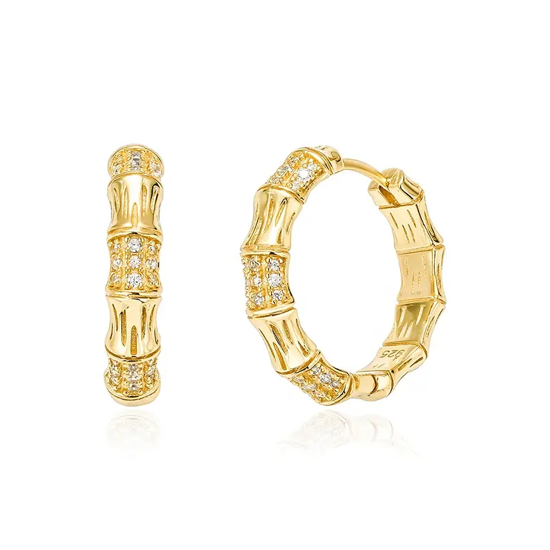 Gemnel bold new design feature eye-catching texture jewelry Bamboo hoops earring with white zircon