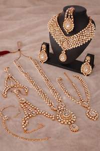 <b>Gold</b> Plated Antique Bridal Jewelry <b>Set</b>: Traditional Designer Ethnic <b>Necklace</b> <b>Earrings</b> & Maang Tikka for Women <b>and</b> Girls - Product Image 2