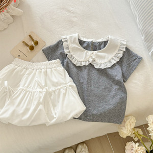 Girls Summer Bubble Dress Set Short Sleeve With Lace <b>Collar</b> Breathable <b>Cake</b> Skirt For Baby Girls - Product Image 3