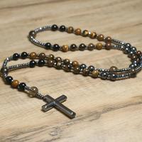 Collier pendentif croix chrétienne en pierre naturelle avec perles en œil de tigre et fer, chapelet unisexe, vente en gros