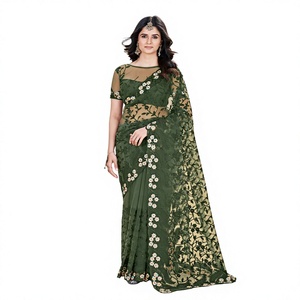 Sari en filet brodé vert pour femme, style traditionnel indien et pakistanais, longueur ras du sol, tenue de mariage, coupe classique, toutes saisons - Product Image 1